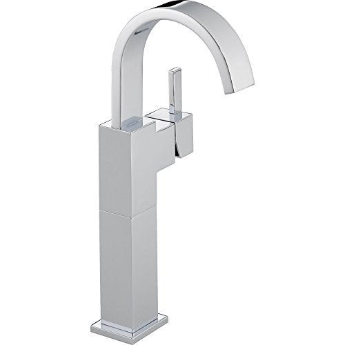 Chrome single-handle vessel faucet with tall curved spout and square base.