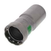 Gray zinc-nickel coated press reducer fitting with green identification band and press connection end visible.