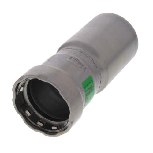 Gray zinc-nickel coated press reducer fitting with green identification band and press connection end visible.