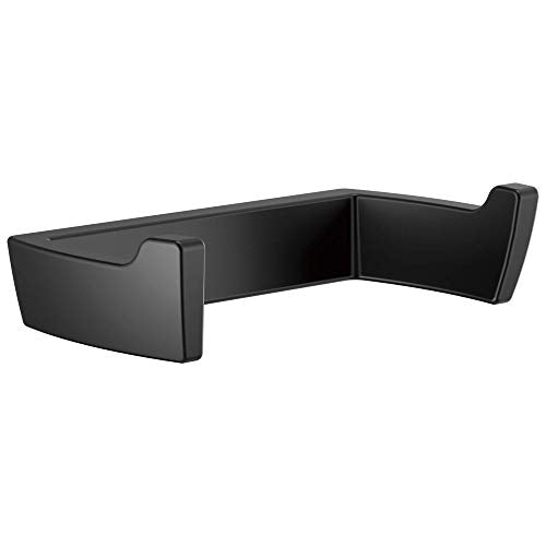 Black metal double robe hook with curved arms and angular design.