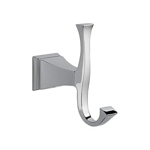 Chrome double robe hook with curved hooks extending downward from rectangular wall mount.