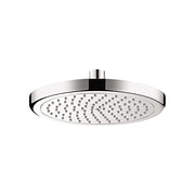 Chrome circular shower head with perforated spray face and center mounting arm.