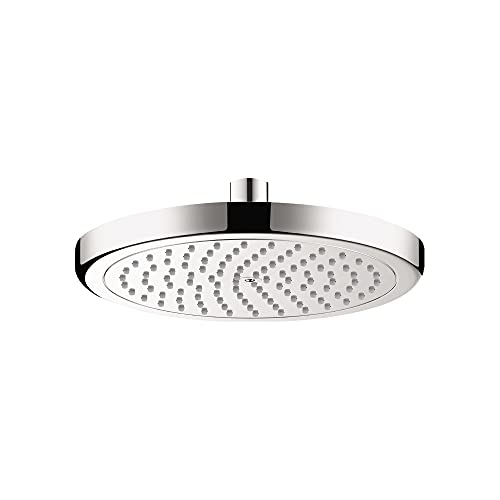 Chrome circular shower head with perforated spray face and center mounting arm.