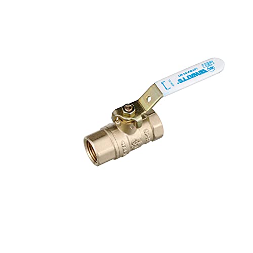 Brass ball valve with female threaded ports and blue and white handle lever.
