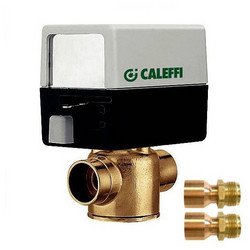 Caleffi Z40 brass zone valve with white and black actuator head and two brass fittings.