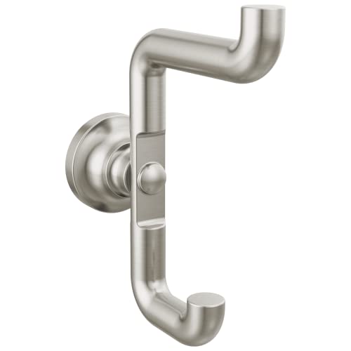 Brushed nickel double robe hook with curved arms and circular wall mount plate.