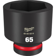 Black 65MM impact socket with 6-point hexagonal opening and red grip band at base.