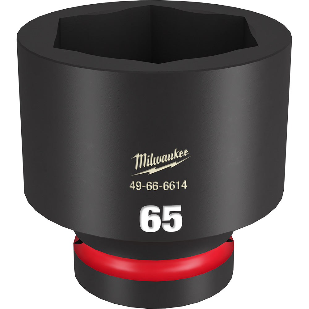 Black 65MM impact socket with 6-point hexagonal opening and red grip band at base.