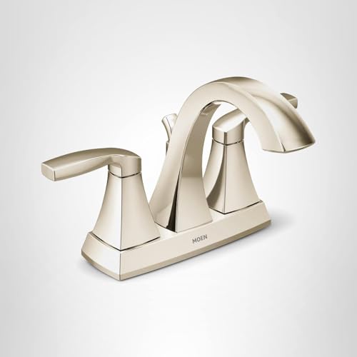 Polished nickel two-handle bathroom faucet with high arc spout and rectangular handles on square base.