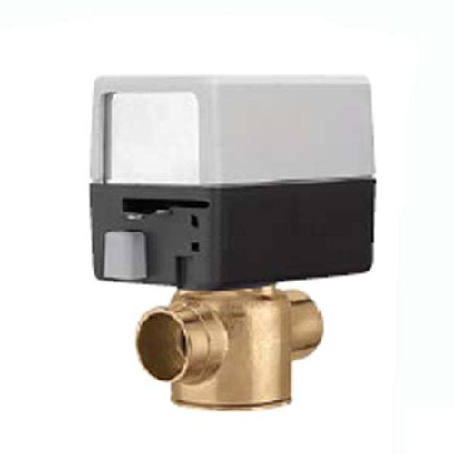 Caleffi Z40F zone valve with brass body and gray and black motorized actuator head.