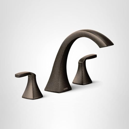 Bronze deck mount roman tub faucet with curved center spout and two lever handles.