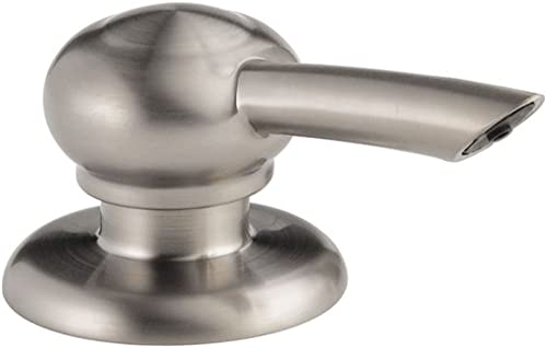 Stainless steel soap dispenser with spherical pump head and angled spout mounted on circular base.