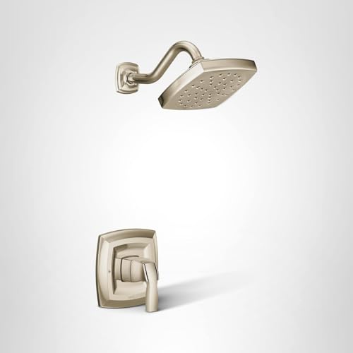 Polished nickel shower trim kit with single handle valve and overhead showerhead with perforations.