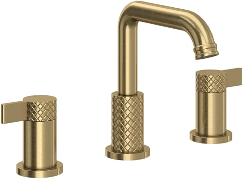 Antique gold widespread lavatory faucet with U-shaped spout and crosshatch-textured handles.