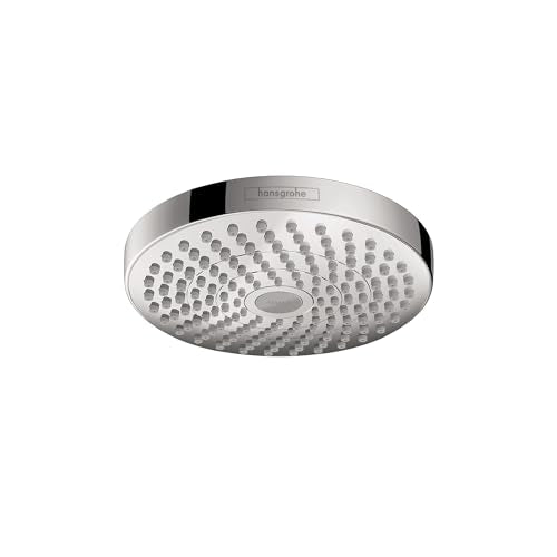 Chrome round shower head with multiple spray jets and Hansgrohe branding on rim.