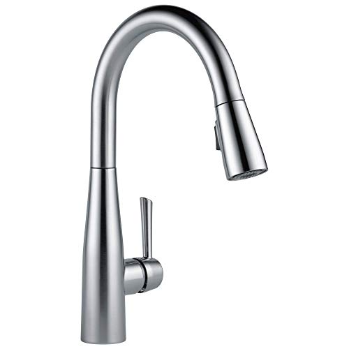 Chrome pull-down kitchen faucet with curved spout and single lever handle.