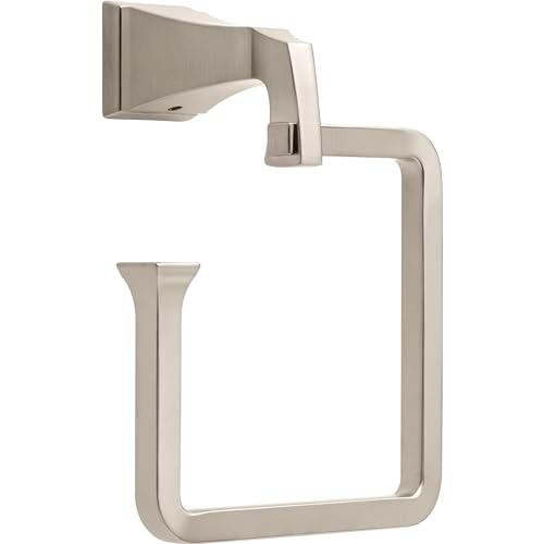 Brushed nickel towel ring with angular geometric design and wall-mounted bracket.