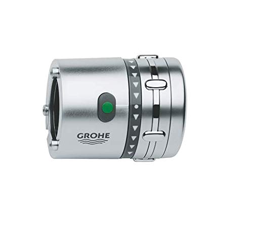 Grohe chrome thermostatic valve volume control handle with green indicator dot and adjustment markings.