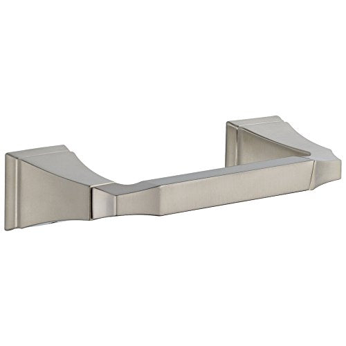 Brushed nickel wall-mounted tissue holder with angled end caps and curved center bar.