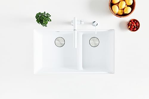 Stone grey granite double bowl undermount kitchen sink with drain holes, shown from above.