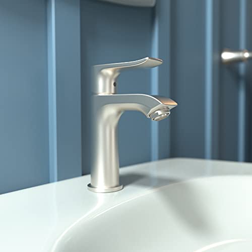 Brushed nickel single-hole bathroom faucet with curved spout and lever handle mounted on white sink basin.