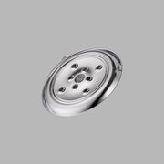 Chrome raincan shower head with circular face featuring multiple spray holes arranged around center nozzle.