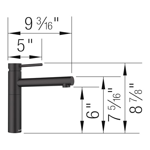Matte black bar-style faucet with pull-down spout and measurement dimensions labeled.