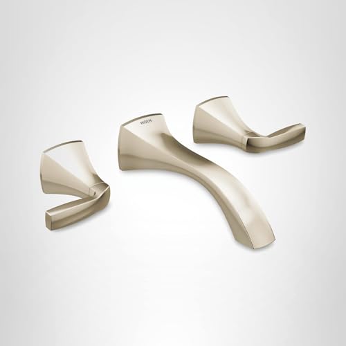 Polished nickel two-handle wall mount bathroom faucet trim with curved spout and lever handles.