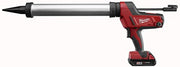 Red and black Milwaukee cordless caulk gun with metal barrel and trigger handle, shown from side angle.