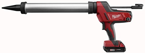 Red and black Milwaukee cordless caulk gun with metal barrel and trigger handle, shown from side angle.