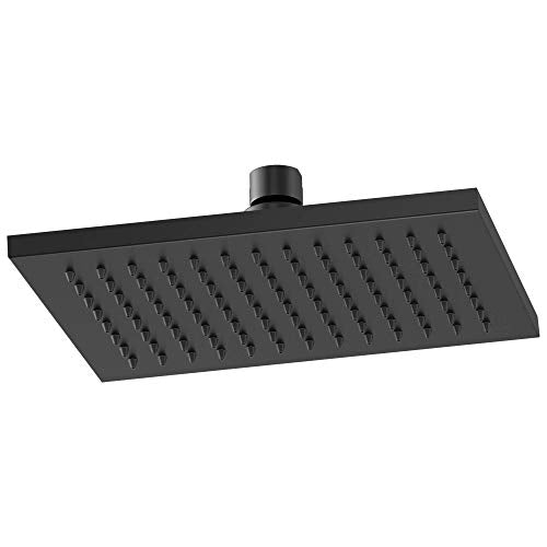 Black rectangular raincan shower head with evenly spaced spray holes and ceiling mount connector.