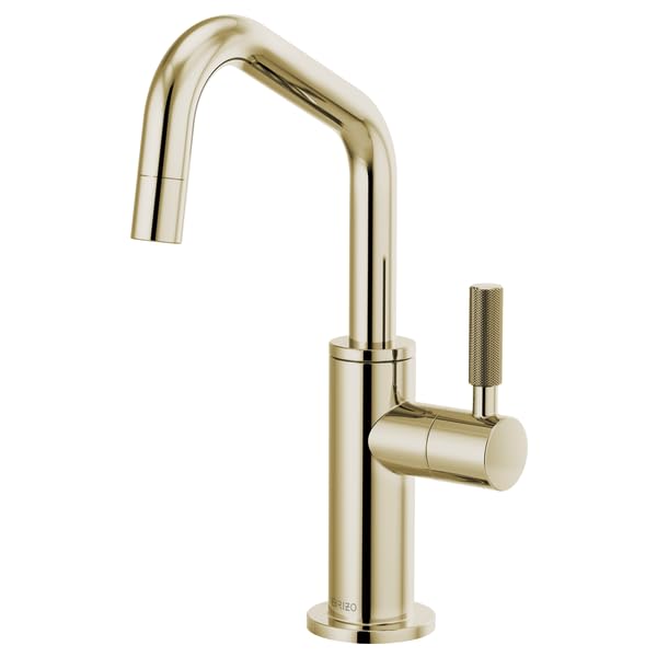 Polished brass beverage faucet with tall angled spout and cylindrical knurled side handle.