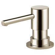 Polished nickel soap and lotion dispenser with cylindrical pump and horizontal spout.