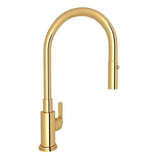 Pull-down kitchen faucet with arched spout and single lever handle in brushed gold finish.
