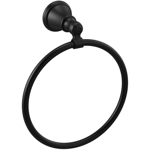 Black circular towel ring with rounded wall mount and decorative finial on white background.