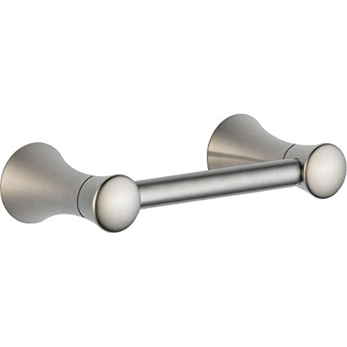 Brushed nickel tissue holder with flared wall mounts and cylindrical bar.