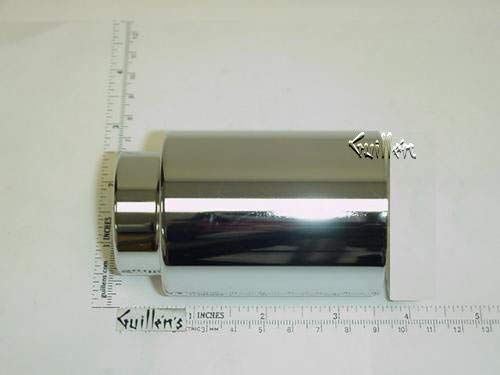 Cylindrical chrome trim sleeve with polished finish shown next to ruler for scale measurement.