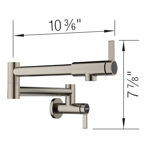 Satin platinum potfiller faucet with articulating arm and lever handle shown with dimensions of 10 3/8" width and 7 7/8" heig
