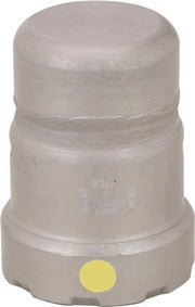 Silver metallic cylindrical press end cap with yellow identification dot on base.