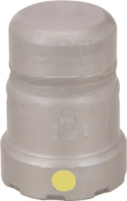 Silver metallic cylindrical press end cap with yellow identification dot on base.