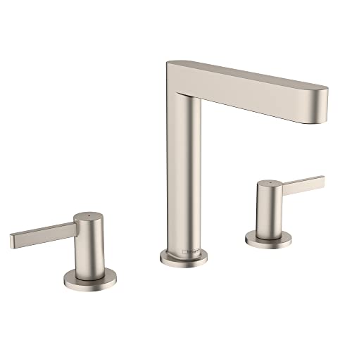Brushed nickel three-piece widespread bathroom faucet with cylindrical handles and curved spout.