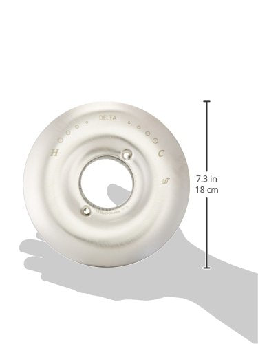 Stainless steel circular escutcheon with Delta branding and temperature markings around the edge, 7.3 inches in diameter.