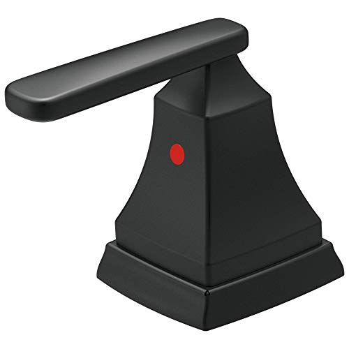 Matte black metal lever handle with tapered base and red indicator dot for faucet control.
