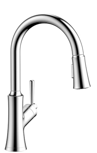 Chrome high-arc kitchen faucet with pull-down spray head and single lever handle.