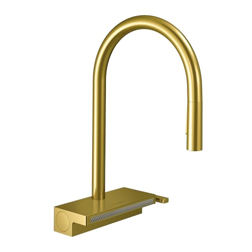 Brushed gold kitchen faucet with high arc spout and pull-down spray head mounted on rectangular base.
