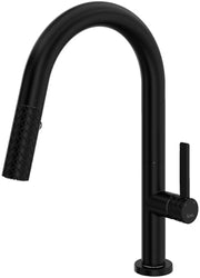 Matte black pull-down kitchen faucet with textured grip handle and single control lever.