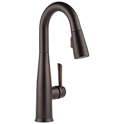 Single handle pull-down kitchen faucet in matte black with curved spout and side lever control.