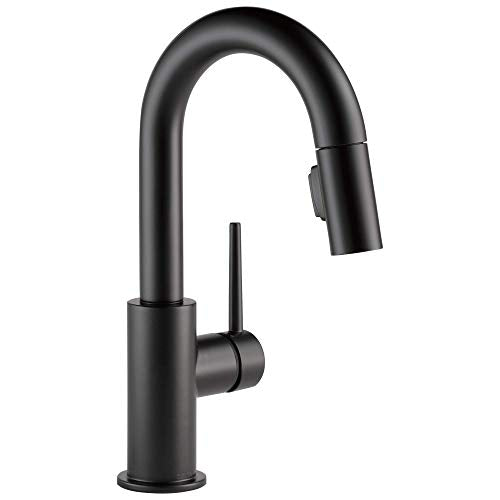 Black single-handle kitchen faucet with pull-down spray head and curved spout.