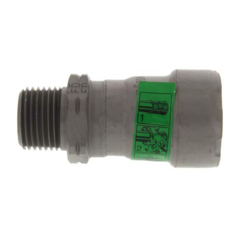 Silver metal press adapter with male threads on left side and green instruction label in center.