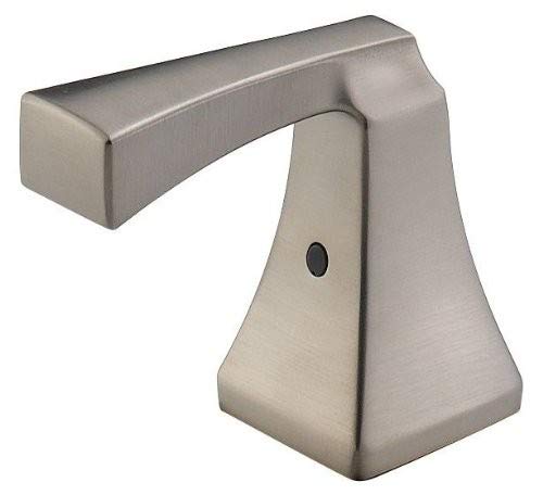 Stainless steel lever handle pair with curved design and tapered base for bathroom sink faucet.